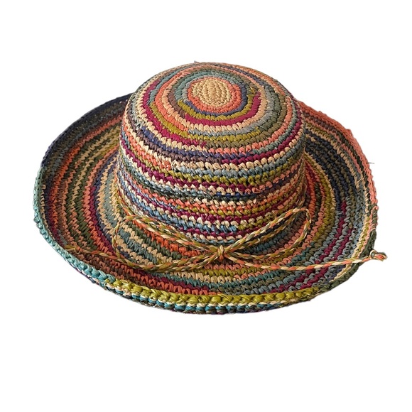 San Diego hat,multi colored crocheted,raffia,kettle,brim hat,tropical storm,New - Picture 3 of 6
